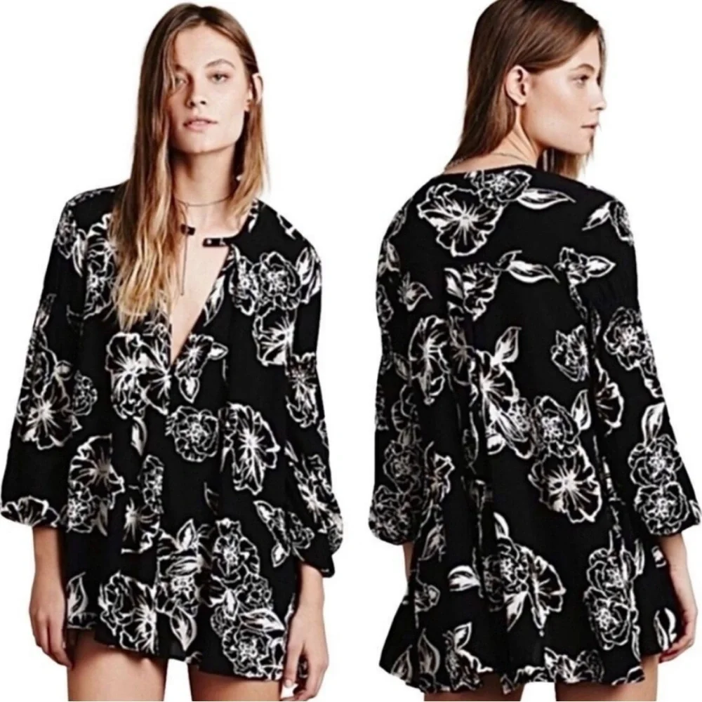 Free People Black and Cream Floral Long Sleeve Dress